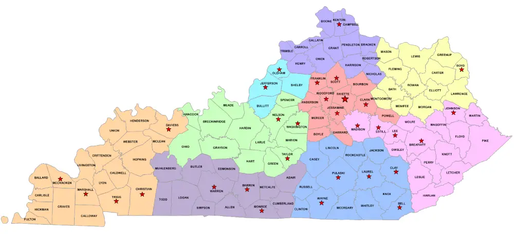 Map of KFRW clubs across Kentucky counties